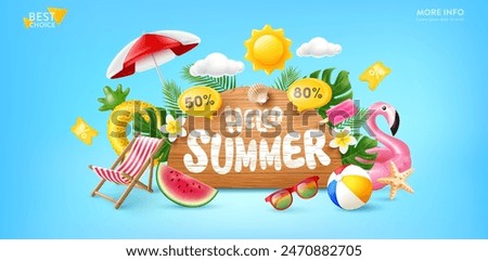 Hello Summer Poster or Banner template with Wooden Sign,Summer template featuring a tropical beach scene with sun and party elements.Product display,Tropical summer scene,Perfect for promoting