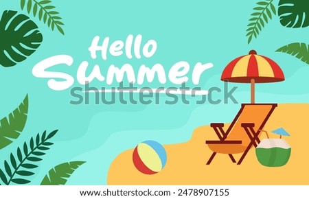 Hello Summer Poster or Banner template, Summer template featuring a tropical beach scene. Product display,Tropical summer scene,Perfect for promoting