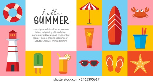 Hallo Sommerplakat und Banner Design. Sommer mit Objekten Elemente Hintergrund.