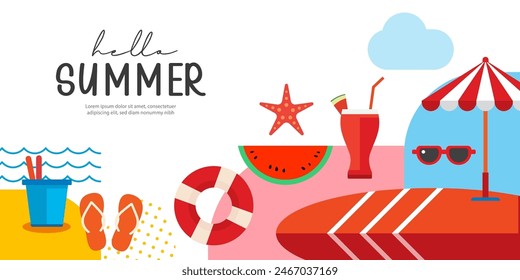 Hello summer poster and banners design. Summer with objects elements background.
