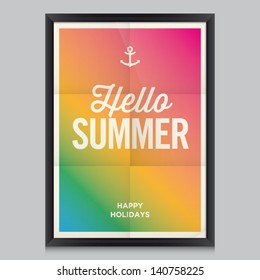 Hello summer poster. Beach summer background. Effects poster, frame, colors background and colors text are editable. Happy holidays card, happy vacation card. Enjoy your summer.