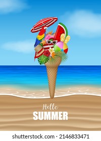 hello summer poster with beach elements in ice cream shape on beach background 