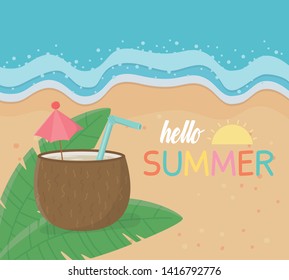 hello summer poster with beach scene and coconut cocktail