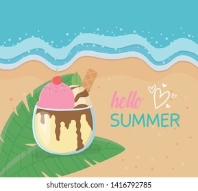 hello summer poster with beach scene and ice cream