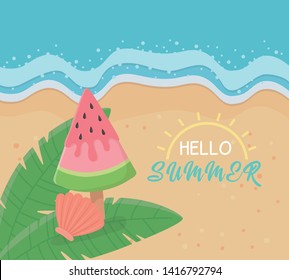 hello summer poster with beach scene and watermelon