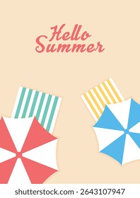 Hello Summer Poster with Beach Umbrellas and Towels – Minimal Flat Design. Perfect for summer promotions, beach party invites, travel agency ads, brochures, flyer and seasonal greeting cards.