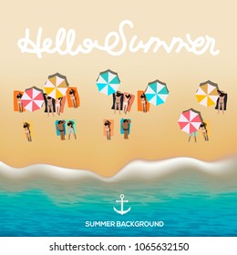 Hello summer poster, beach with waves, umbrellas, bright towels, vector illustration.