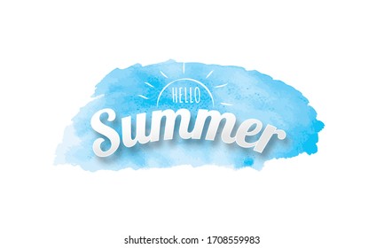 Hello Summer poster, Blue watercolor hand drawn isolated background