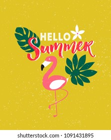 Hello summer poster with brush calligraphy, tropical palm leaves and flamingo illustrations