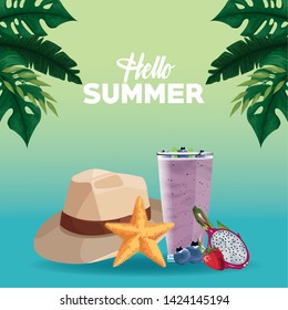 Hello summer poster card with beach and vacations cartoons on blue background with tropical leaves. vector illustration graphic design