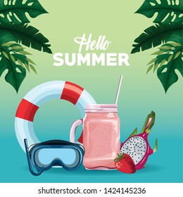 Hello summer poster card with beach and vacations cartoons on blue background with tropical leaves. vector illustration graphic design