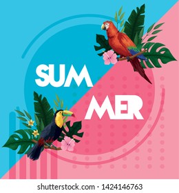 Hello summer poster card with exotic bird and tropical leaves with flowers, round emblem vector illustration