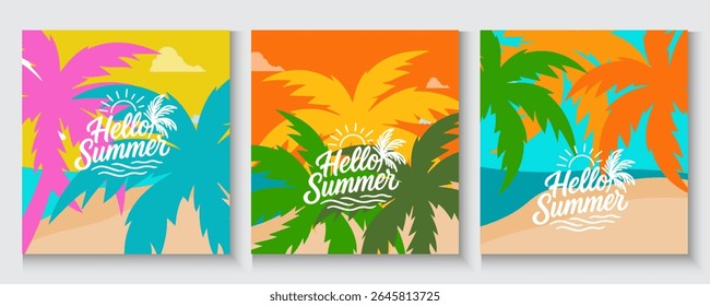 Hello summer poster, cards, banner with colourful vector design for social media stories design templates, nautre leaves and beach Summer holiday cover background with copy space for ads promo, web.