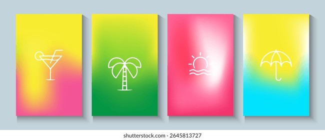 Hello summer poster, cards, banner with colourful vector design for social media stories design templates, nautre leaves and beach Summer holiday cover background with copy space for ads promo, web.