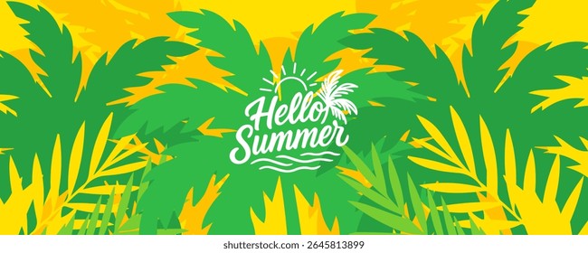 Hello summer poster, cards, banner with colourful vector design for social media stories design templates, nautre leaves and beach Summer holiday cover background with copy space for ads promo, web.