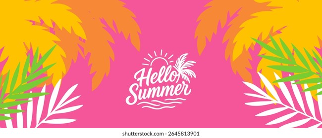 Hello summer poster, cards, banner with colourful vector design for social media stories design templates, nautre leaves and beach Summer holiday cover background with copy space for ads promo, web.