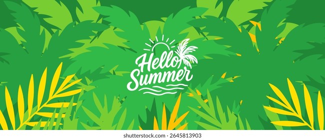 Hello summer poster, cards, banner with colourful vector design for social media stories design templates, nautre leaves and beach Summer holiday cover background with copy space for ads promo, web.