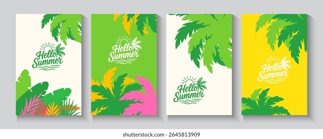 Hello summer poster, cards, banner with colourful vector design for social media stories design templates, nautre leaves and beach Summer holiday cover background with copy space for ads promo, web.