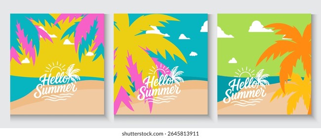 Hello summer poster, cards, banner with colourful vector design for social media stories design templates, nautre leaves and beach Summer holiday cover background with copy space for ads promo, web.
