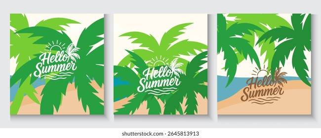Hello summer poster, cards, banner with colourful vector design for social media stories design templates, nautre leaves and beach Summer holiday cover background with copy space for ads promo, web.