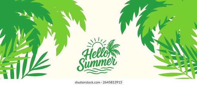 Hello summer poster, cards, banner with colourful vector design for social media stories design templates, nautre leaves and beach Summer holiday cover background with copy space for ads promo, web.