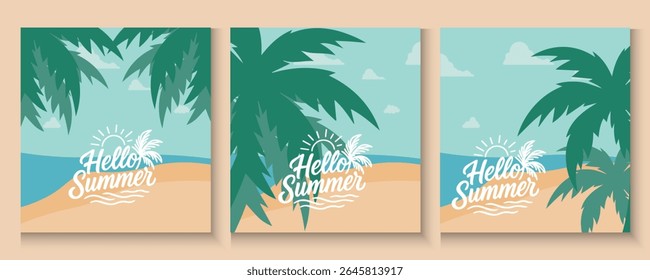 Hello summer poster, cards, banner with colourful vector design for social media stories design templates, nautre leaves and beach Summer holiday cover background with copy space for ads promo, web.