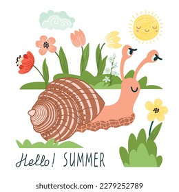 Hello summer poster with cartoon snail and hand written text.Character among flowers and bushes, sun and cloud.Colorful print on fabric and paper.Vector flat illustration on white background.