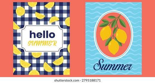 Hello Summer Poster Collection Featuring Lemon Fruit Tropical Sunshine Seasonal Vacation Holiday Travel and Coastal Lifestyle Designs