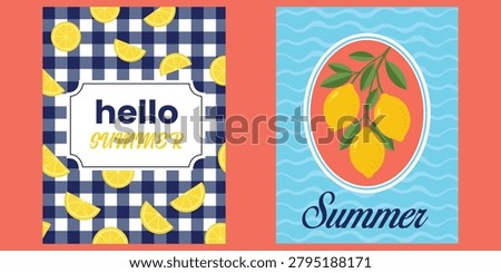 Hello Summer Poster Collection Featuring Lemon Fruit Tropical Sunshine Seasonal Vacation Holiday Travel and Coastal Lifestyle Designs