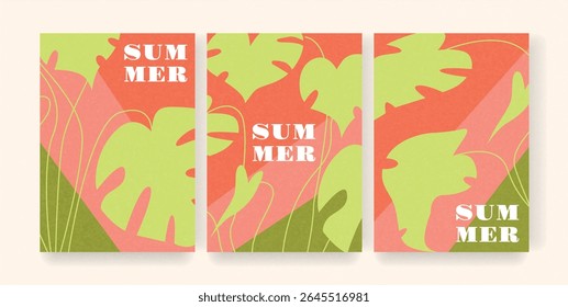 Hello Summer poster collection with hand-drawn colorful tropical monstera leaves in red green and pink palette. Vibrant overlapping foliage background. Vector illustration.