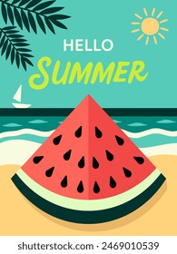 hello summer poster concept design with juicy watermelon slice sandy beach calm sea lush green palm leaves sailboat sun minimalistic flat vector illustration