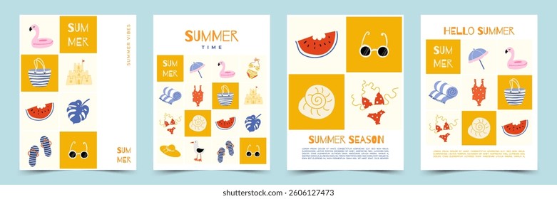 Hello summer poster, cover, card collection with trendy hand-drawn illustrations. Concept of summer weekends and holidays, vacation travel illustrations for sale, discount, social media ads, promo.