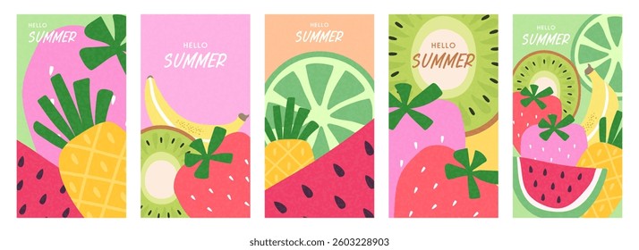 Hello summer. Summer poster, cover, postcard collection with watermelon, lemons, strawberries, pineapple and kiwi. Summer weekend and holiday concept.