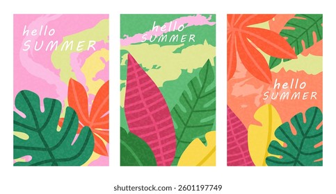 Hello summer. Summer poster, cover with tropical bright leaves on abstract background. Summer weekend and holiday concept.