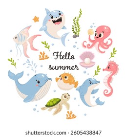 Hello summer poster with cute cartoon sea animals in circle