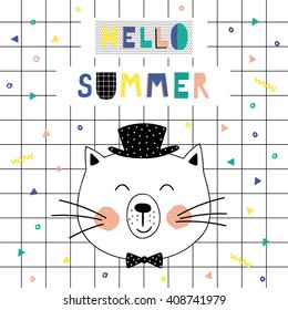 Hello Summer Poster with cute cat. Vector illustration