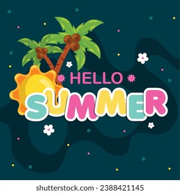 Hello summer poster with cute palm trees and sun icons Vector illustration