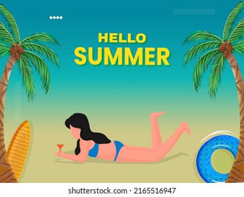 Hello Summer Poster Design With Female Swimmer Enjoying Drink On Beack Side Background.