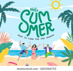 Hello Summer poster design on beach background, summer greeting