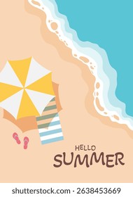 Hello summer poster for summer design, Sea coast, landscape. Sea beach with sun umbrella, towel, sandals vector illustration.