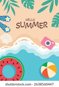 Hello summer, poster for summer design. Sea beach vector illustration.