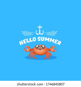 Hallo Sommer Poster Design Vorlage mit funky roten Krabbencharakter isoliert auf blauem Hintergrund. Vorlage für die Sommerbeachparty
