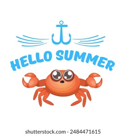 hello summer poster design template with funky red crab character isolated on transparent white background. hello summer beach party design template with crab and text. Hello summer sticker