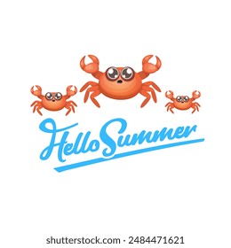 hello summer poster design template with funky red crab character isolated on transparent white background. hello summer beach party design template with crab and text. Hello summer sticker