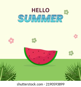 Hallo Summer Poster Design mit Watermelon Slice, Blumen, tropischen Blättern auf grünem und pastellgelbem Hintergrund.