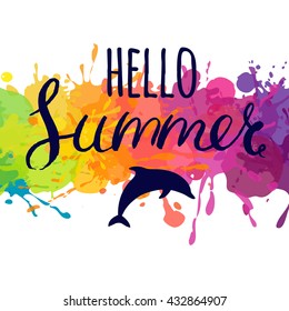 hello summer poster with dolphin and hand drawn lettering, vector summer card