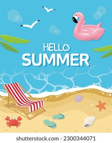 hello summer poster with summer elements and landscape