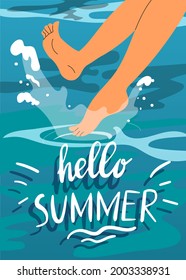 Hello Summer poster - feet making splashes in the water. Hand drawn lettering phrase. Vector illustration in flat style, isolated.