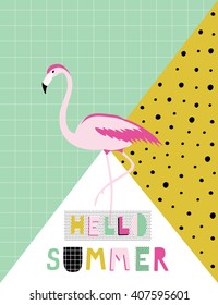 Hello Summer Poster with flamingo. Vector illustration