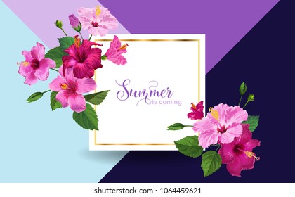 Hello Summer Poster. Floral Design with Pink Hibiscus Flowers for Party Invitation, Banner, Flyer, Sale, Advertising. Tropical Botanical Background. Vector illustration